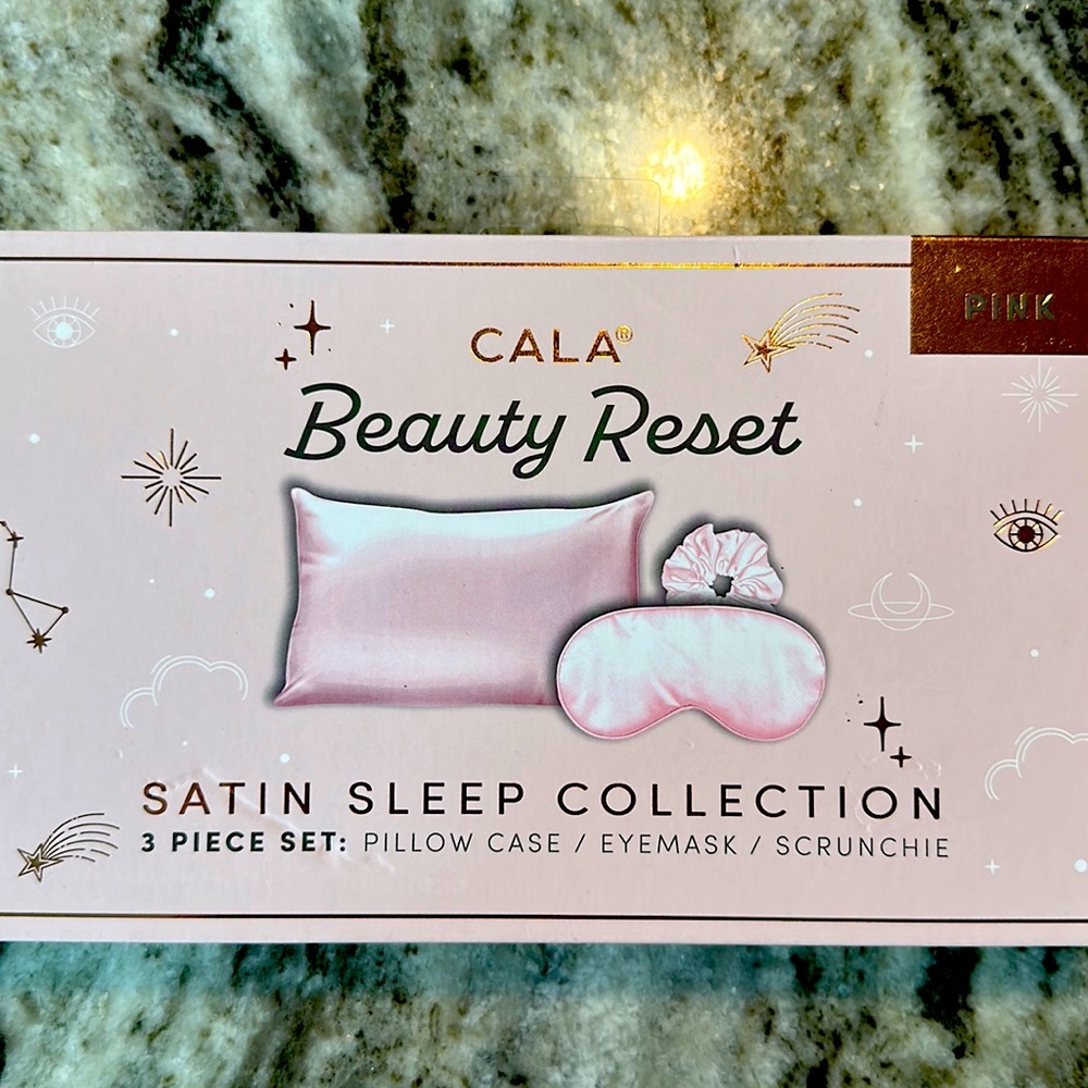 Brand New never opened satin pink pillow case, eye mask and scrunchie